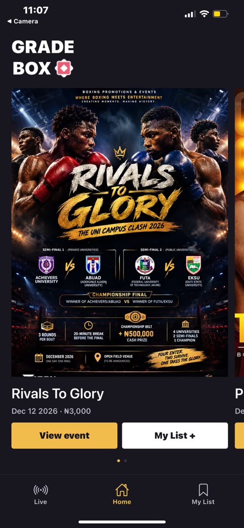 Grade Box home screen featuring Rivals To Glory, Dec 12 2026, ₦3,000