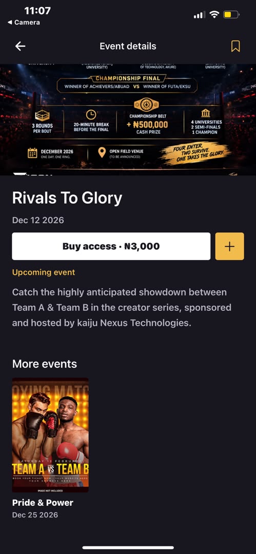 Event details screen scrolled to description and more events