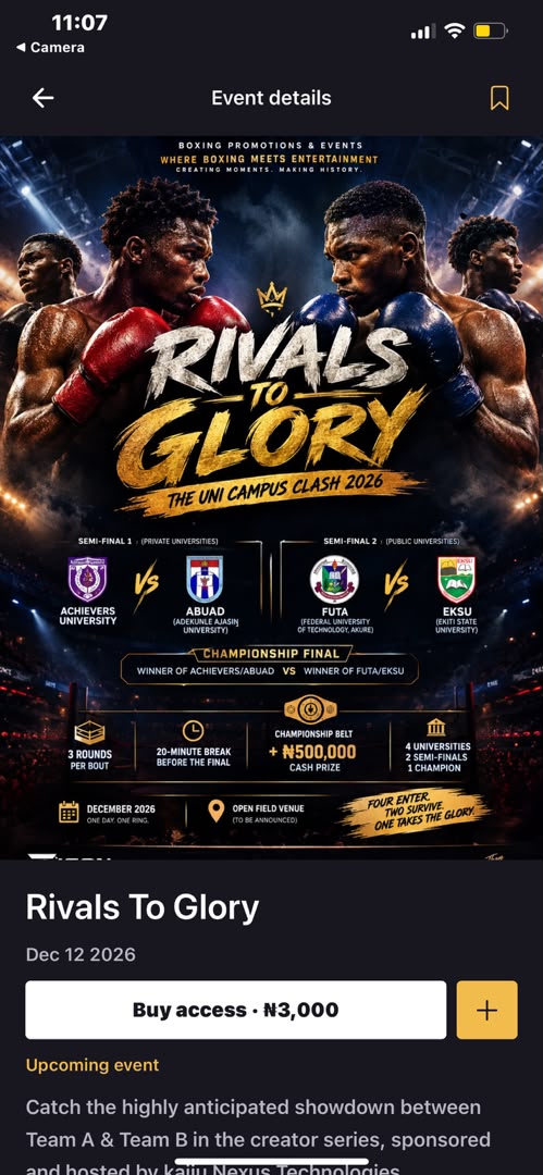 Rivals To Glory event detail screen with Buy access button